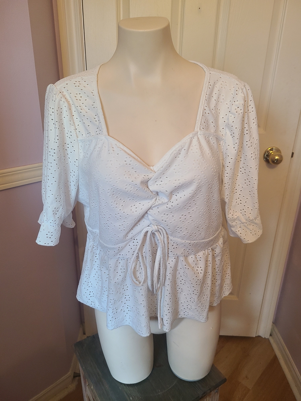 SHEIN White Eyelet Tie-Front Peplum Blouse
